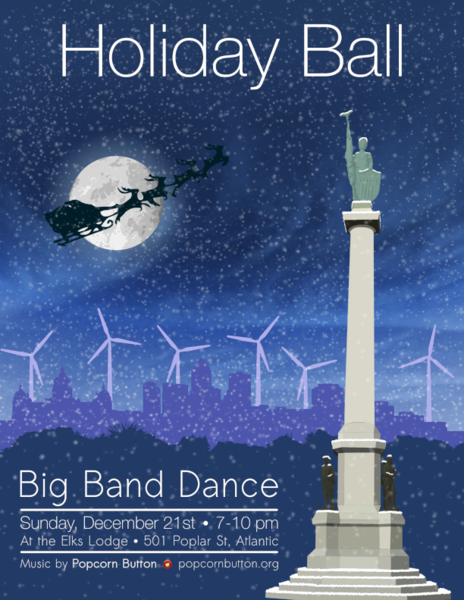 A poster for a big band dance featuring a winter scene of the town of Atlantic.