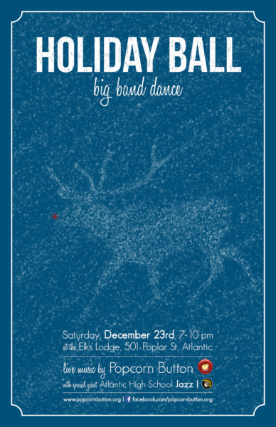 A poster for a big band dance featuring a deer walking in a snowstorm.