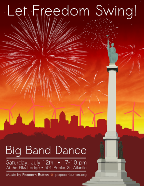 A poster for a big band dance featuring a summer scene of the town of Atlantic.