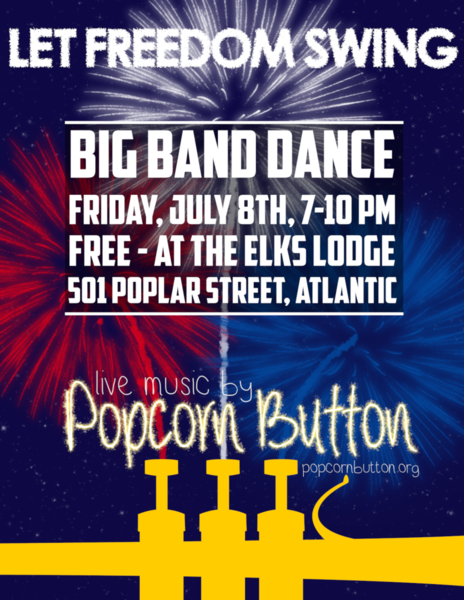 A poster for a big band dance featuring a trumpet and fireworks.