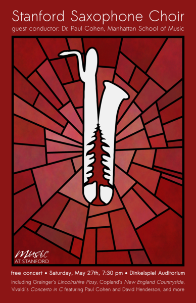 A poster for the Stanford Sax Symposium featuring a stained glass window of a bari sax.