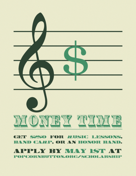 A poster for a music scholarship with a dollar sign in the time signature place next to a treble clef on a music staff.